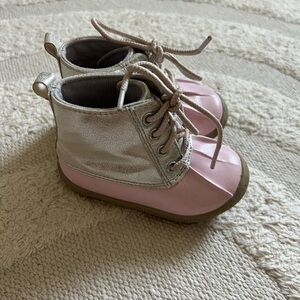 Pink and Silver Kids Duck Rain Boots